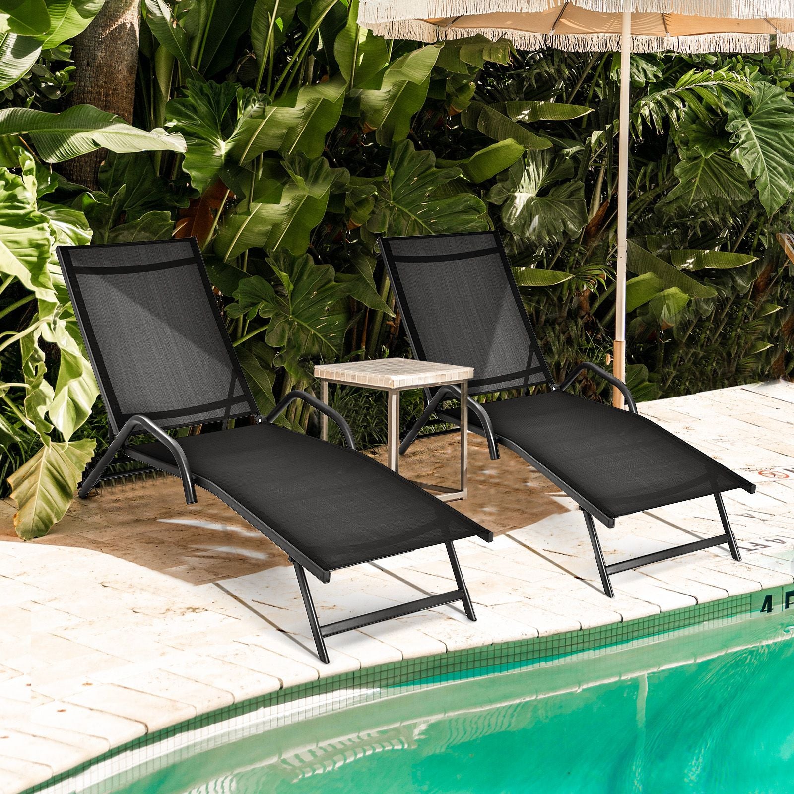 Set of 2 Outdoor Chaise Lounge Chairs with Breathable Seat