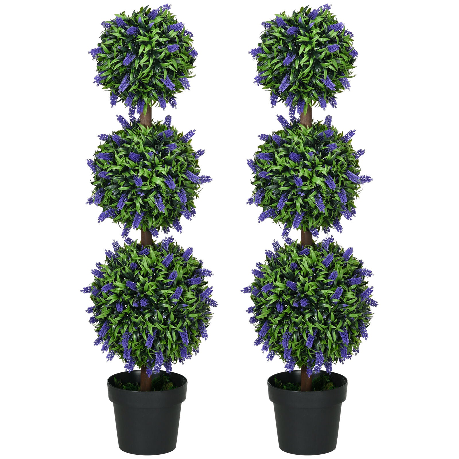HOMCOM Set of 2 Potted Artificial Plants Ball Tree with Lavender Flowers, 110Cm
