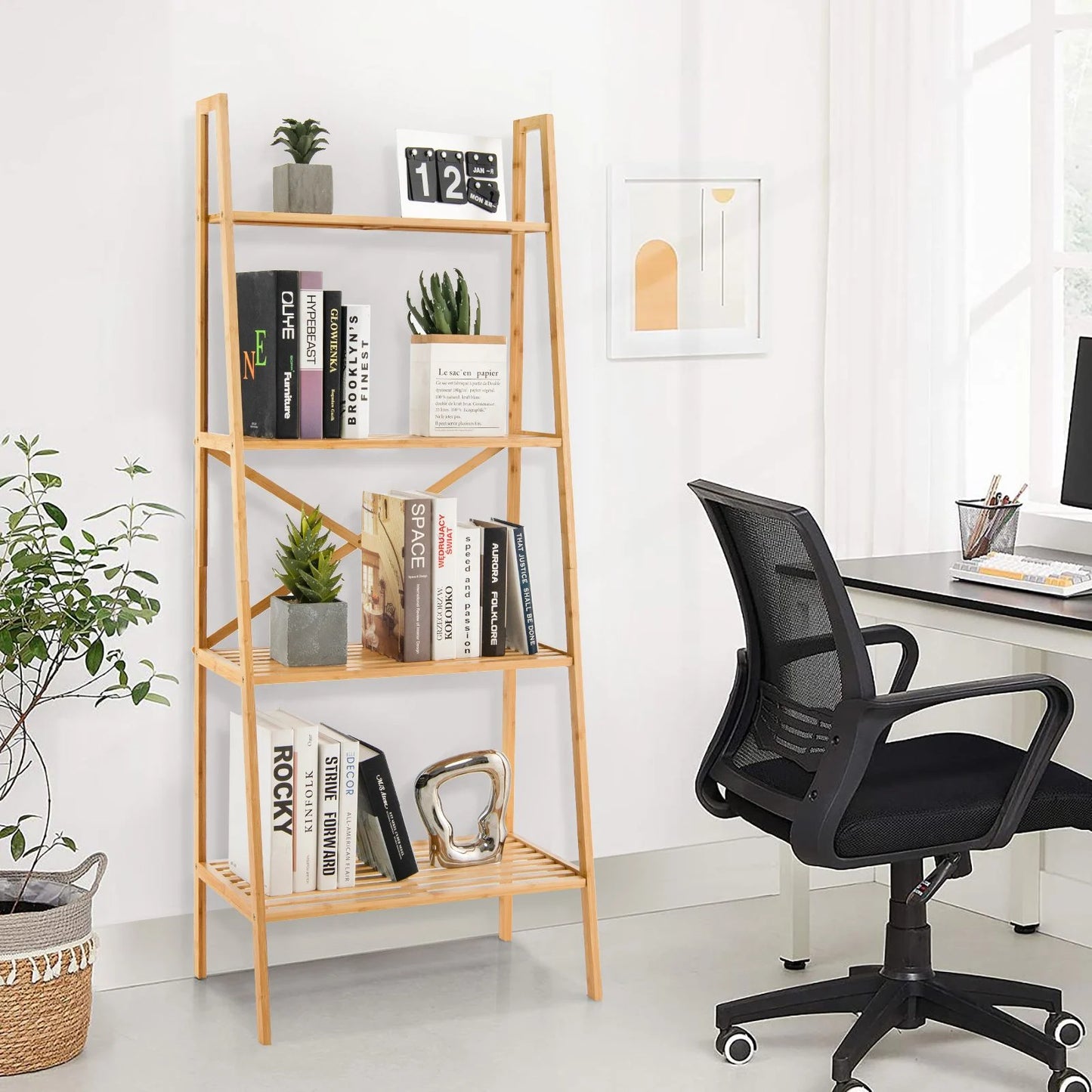 4-Tier Freestanding Bookcase with Anti-Toppling Device for Living Room