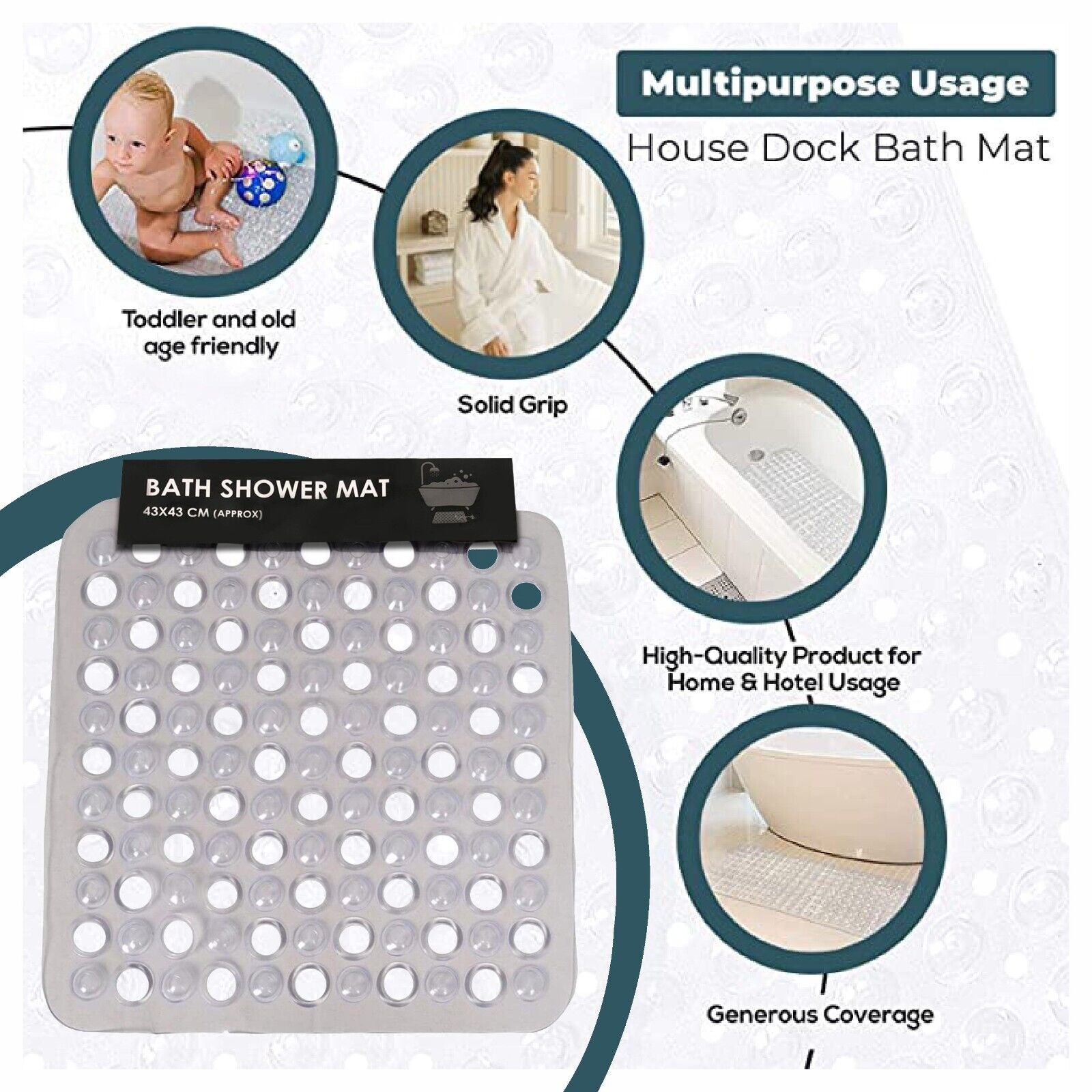 BATH SHOWER MAT NON SLIP PVC BATHROOM RUBBER MATS anti SLIP SUCTION 43 X 43 Cm