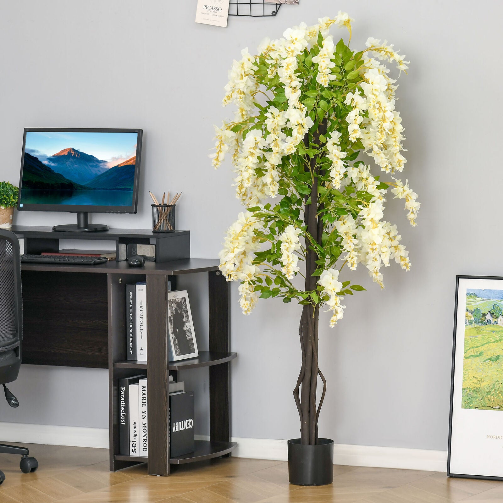 HOMCOM Artificial Realistic White Wisteria Tree Faux Plant for Indoor Décor
