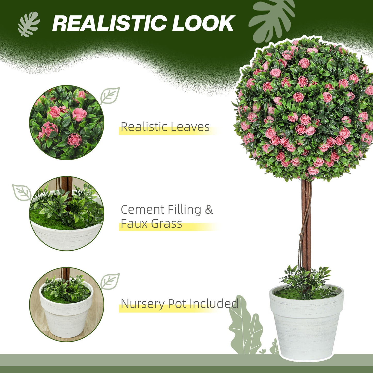 HOMCOM Set of 2 Artificial Plants with Rose Flower in Pot, 60Cm, Pink