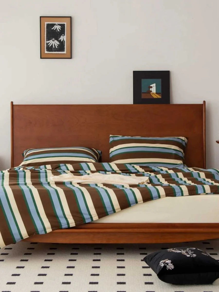 Retro Earthy Tone Stripe Queen Duvet Cover Set with Pillowcases, 100% Cotton
