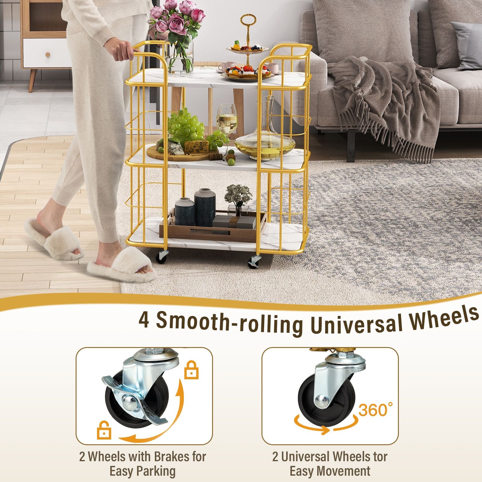 3-Tier Rolling Buffet Serving Cart with Lockable Wheels and Handles