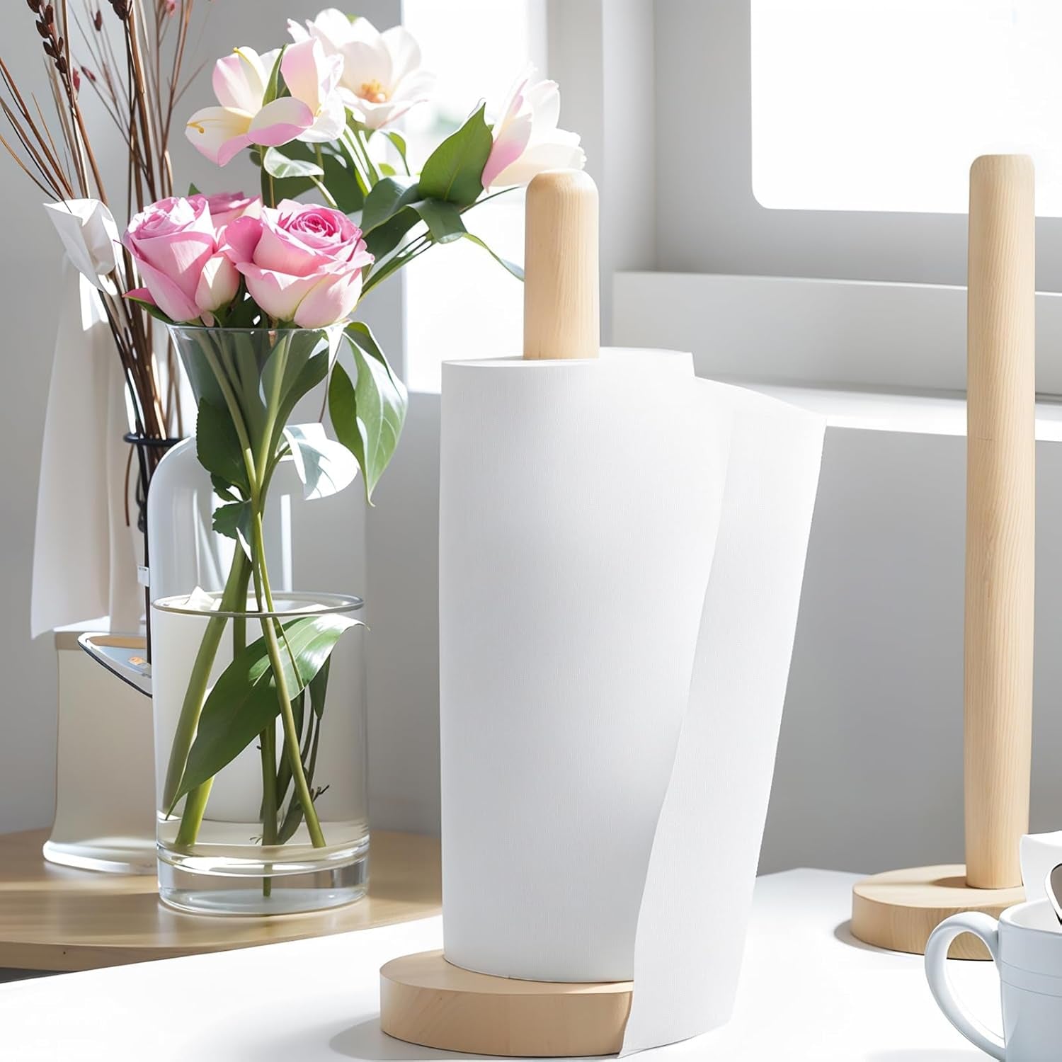 Wooden Paper Towel Holder Countertop - Solid Beechwood Paper Towel Dispenser Stand with Anti-Skid Base