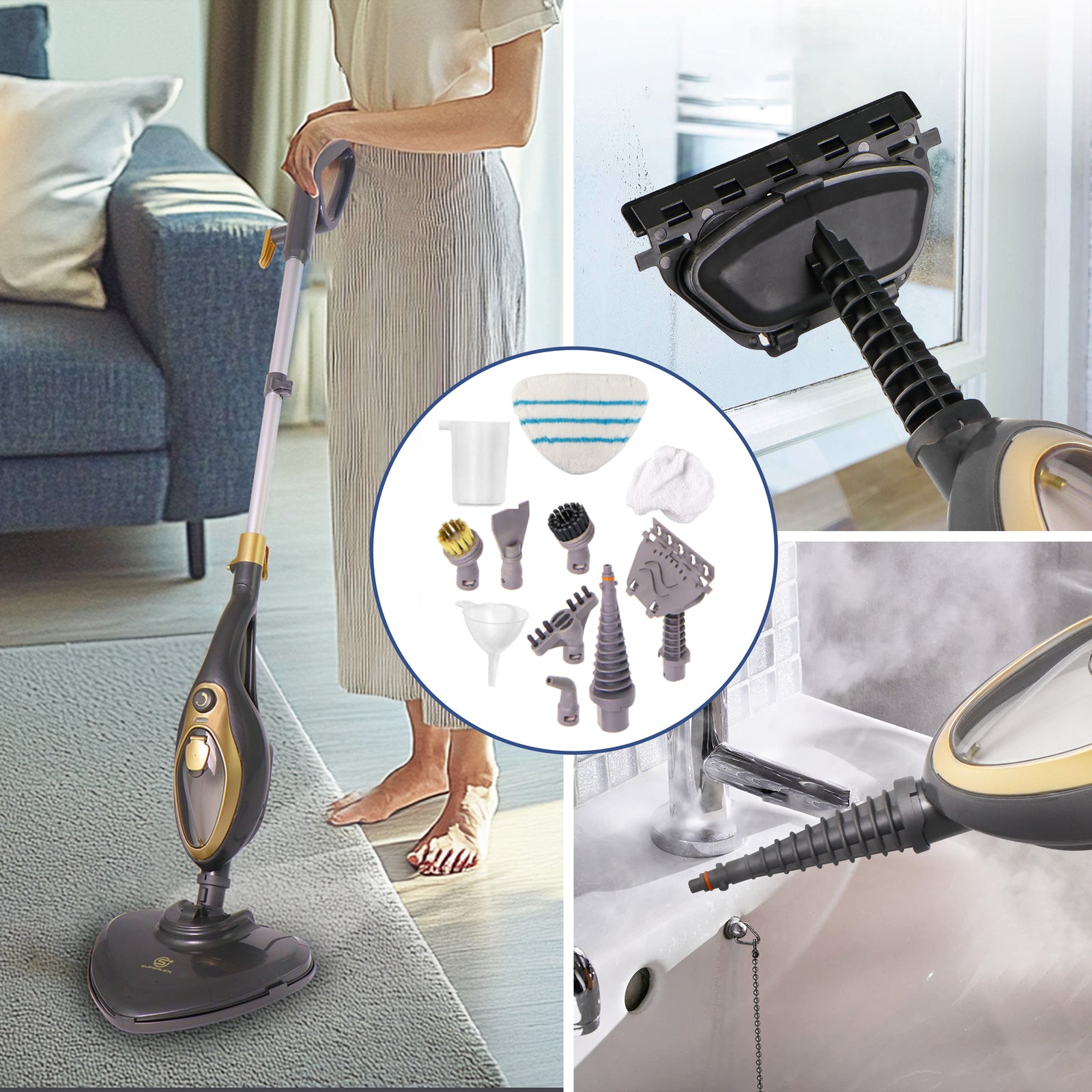 15-In-1 Hot Steam Mop Upright & Handheld Hard Floor & Carpet Steaming Cleaner