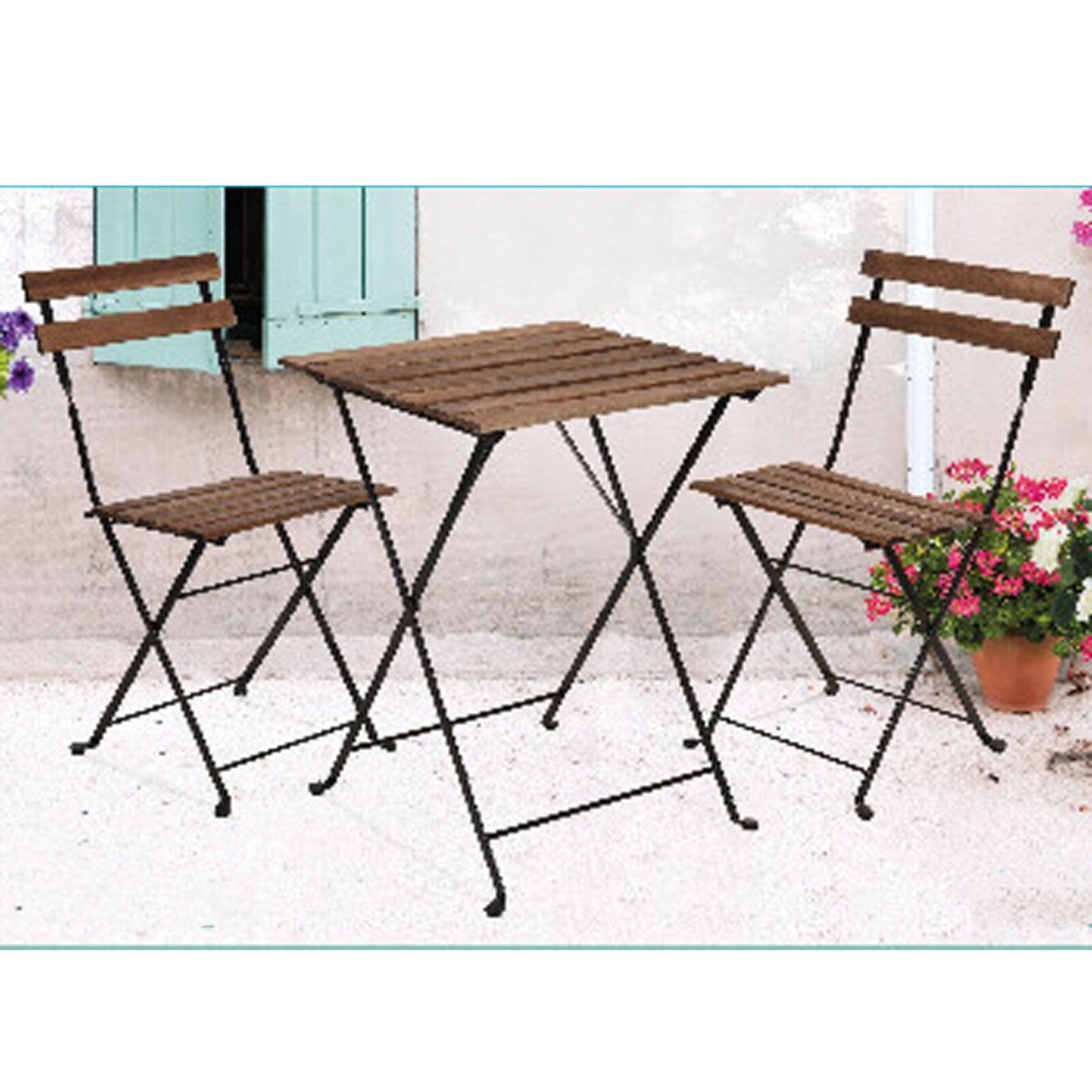 3Pcs Outdoor Garden Wooden & Metal Furniture Foldable Table & Chairs Bistro Set