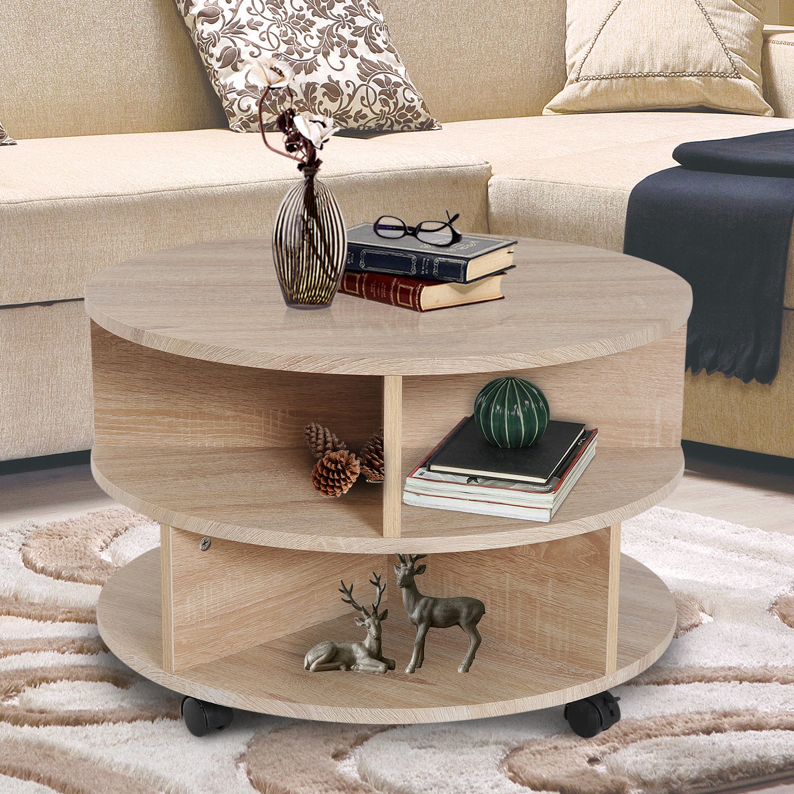 3 Tier round Coffee Table with Storage Shelves for Living Room