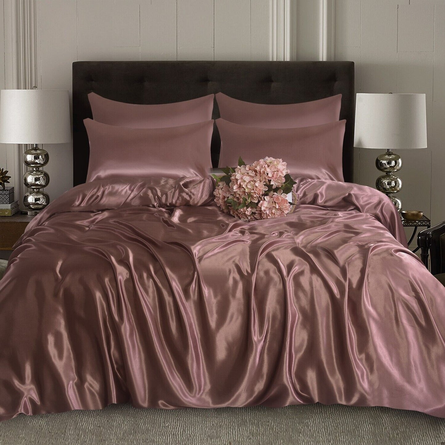 ROOEE 6PCS Satin Silk Complete Bedding Set Fitted Sheet Duvet Cover Pillow Cases