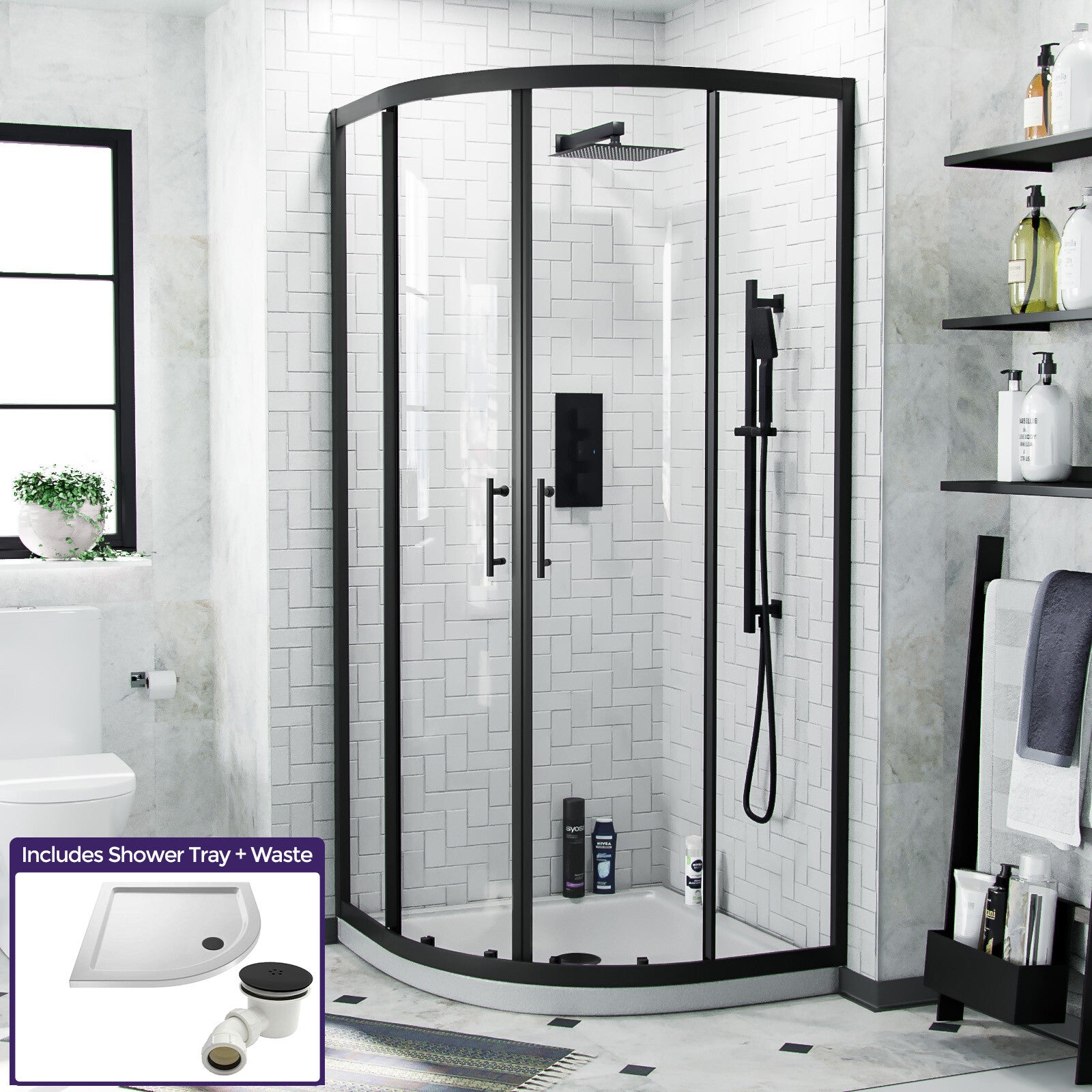 Saturn Black Framed Quadrant 1850 X 870 Corner Shower Enclosure & Tray