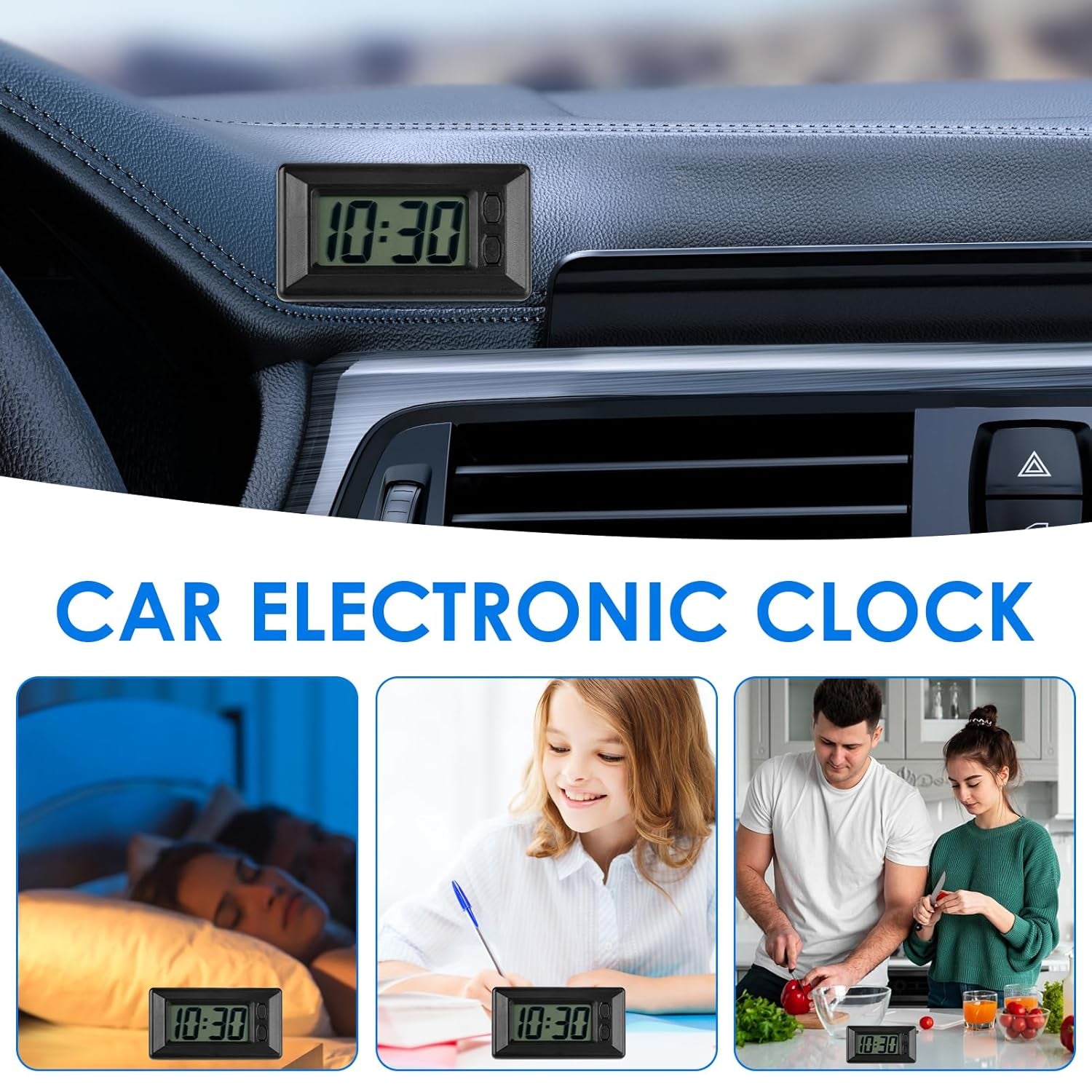 LCD Digital Table Car Dashboard Clock, Portable Mini Travel Clock Automotive Desk Timer with Adhesive Pad Small Electronic Clocks Large Numbers Easy to Read Date Time Battery Powered for Home Office