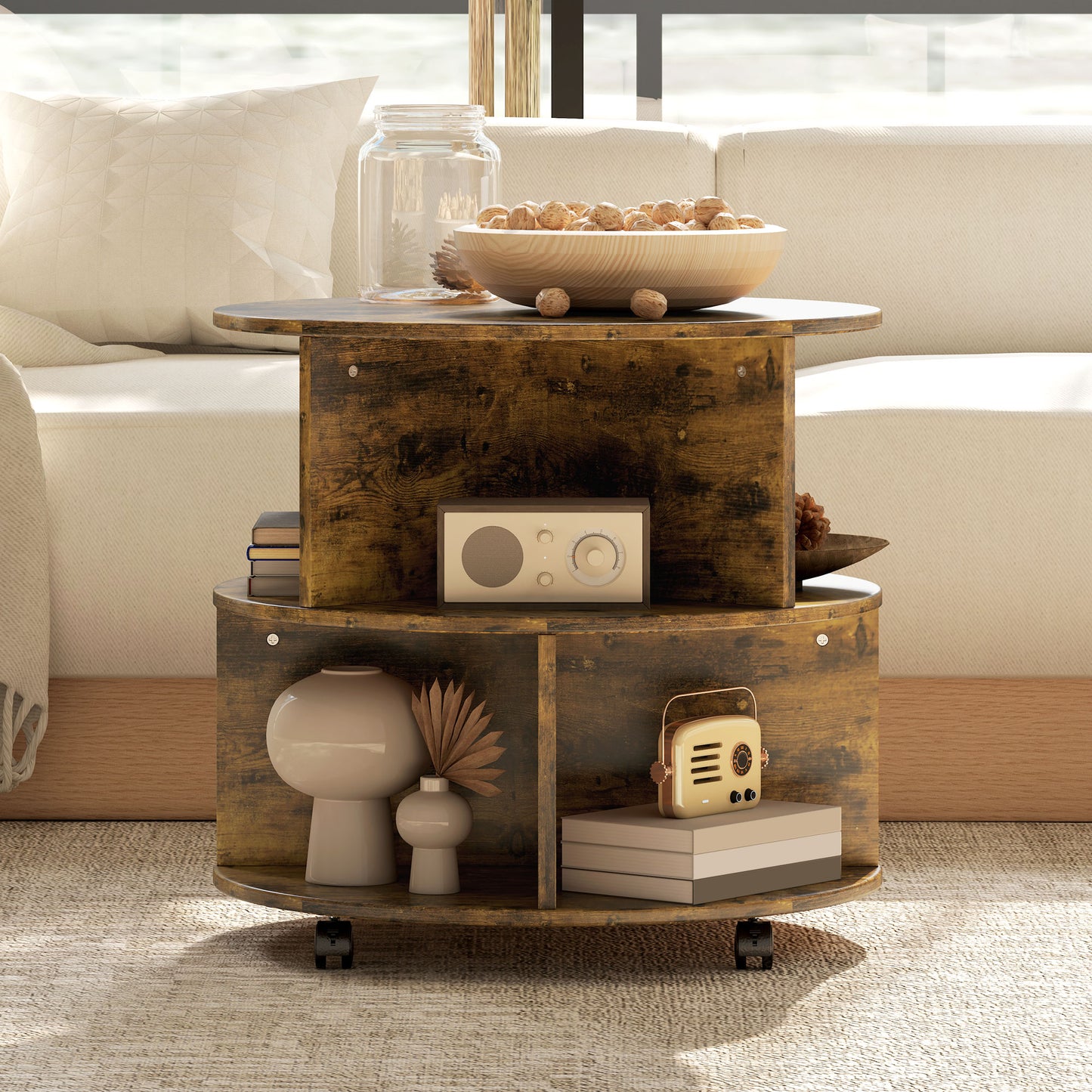 3 Tier round Coffee Table with Storage Shelves for Living Room