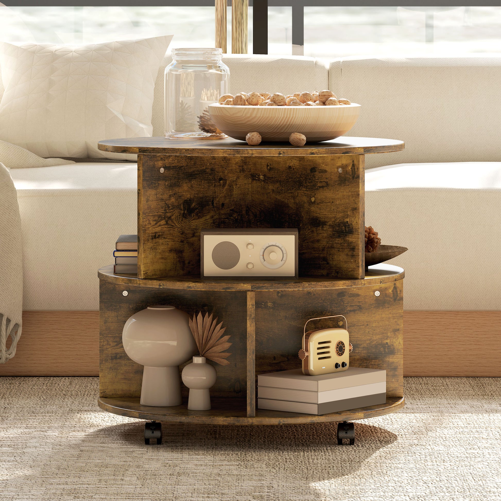 3 Tier round Coffee Table with Storage Shelves for Living Room