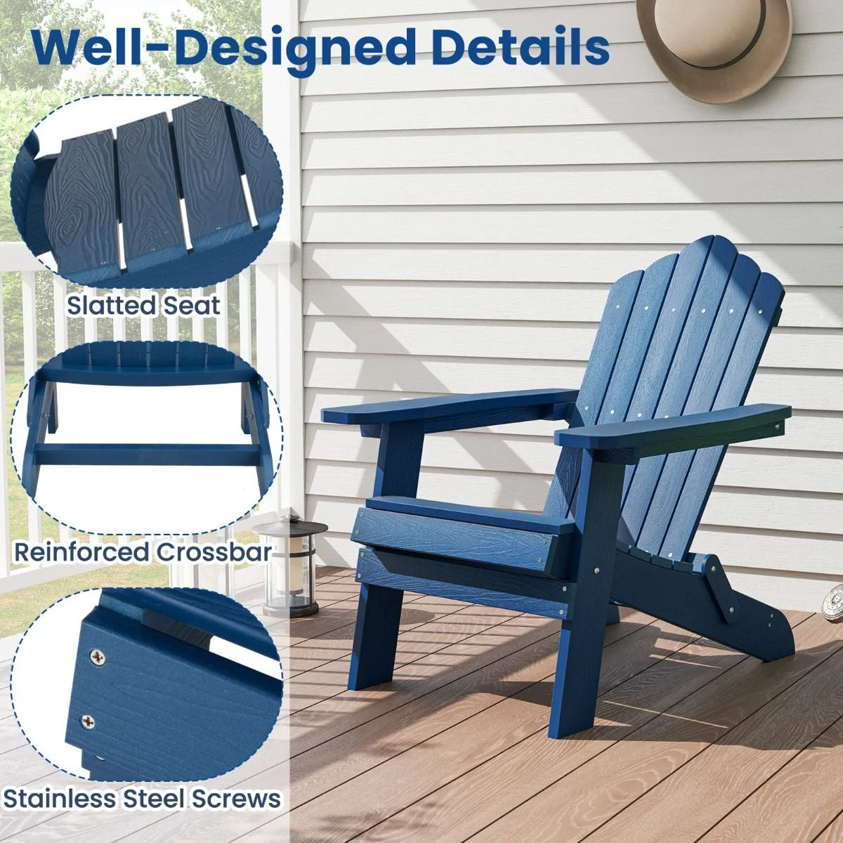 Folding Adirondack Chair with Wide Armrests and Inclined Backrest