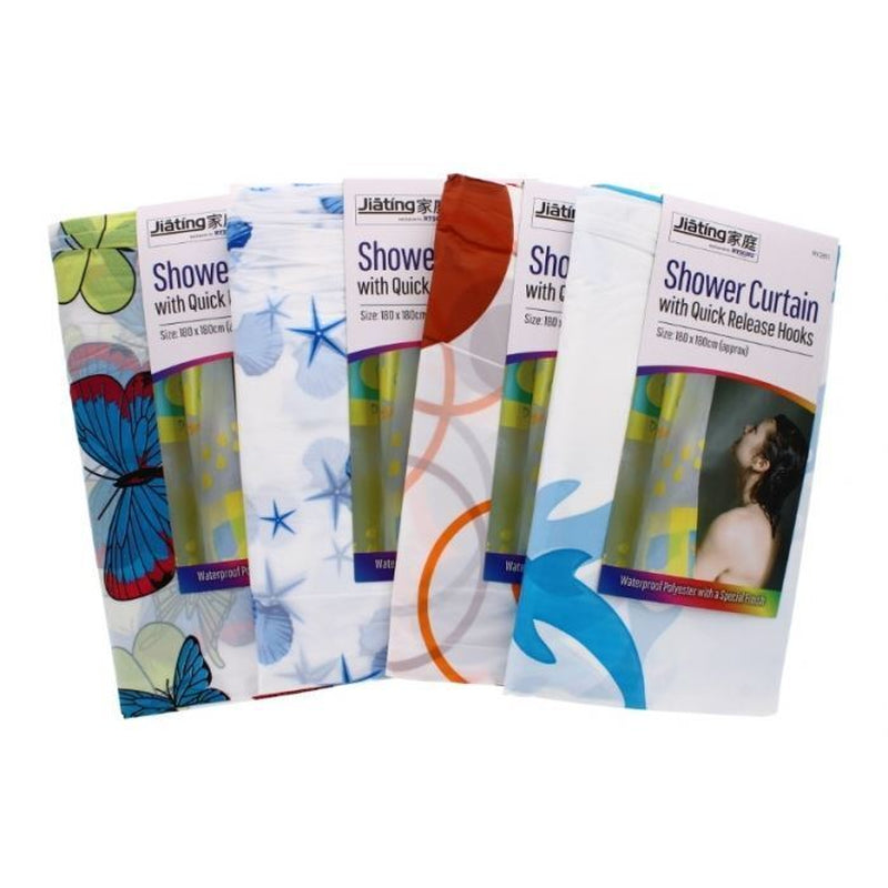 1Pk Rysons Assorted Shower Curtain with Quick Release Hooks Printed Fabric 180Cm