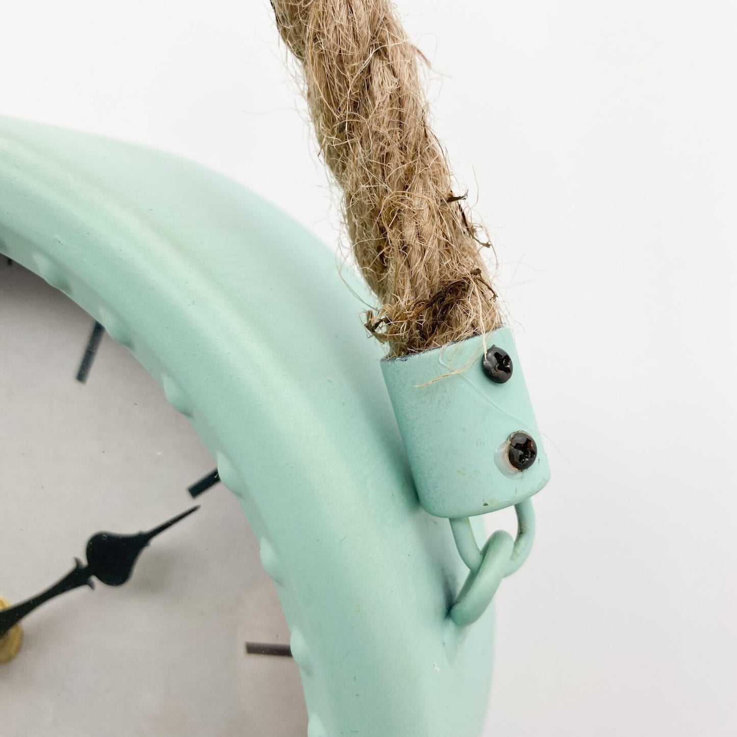 34Cm Rustic Hanging Wall Clock – Pale Green Finish with Rope for Factory Décor