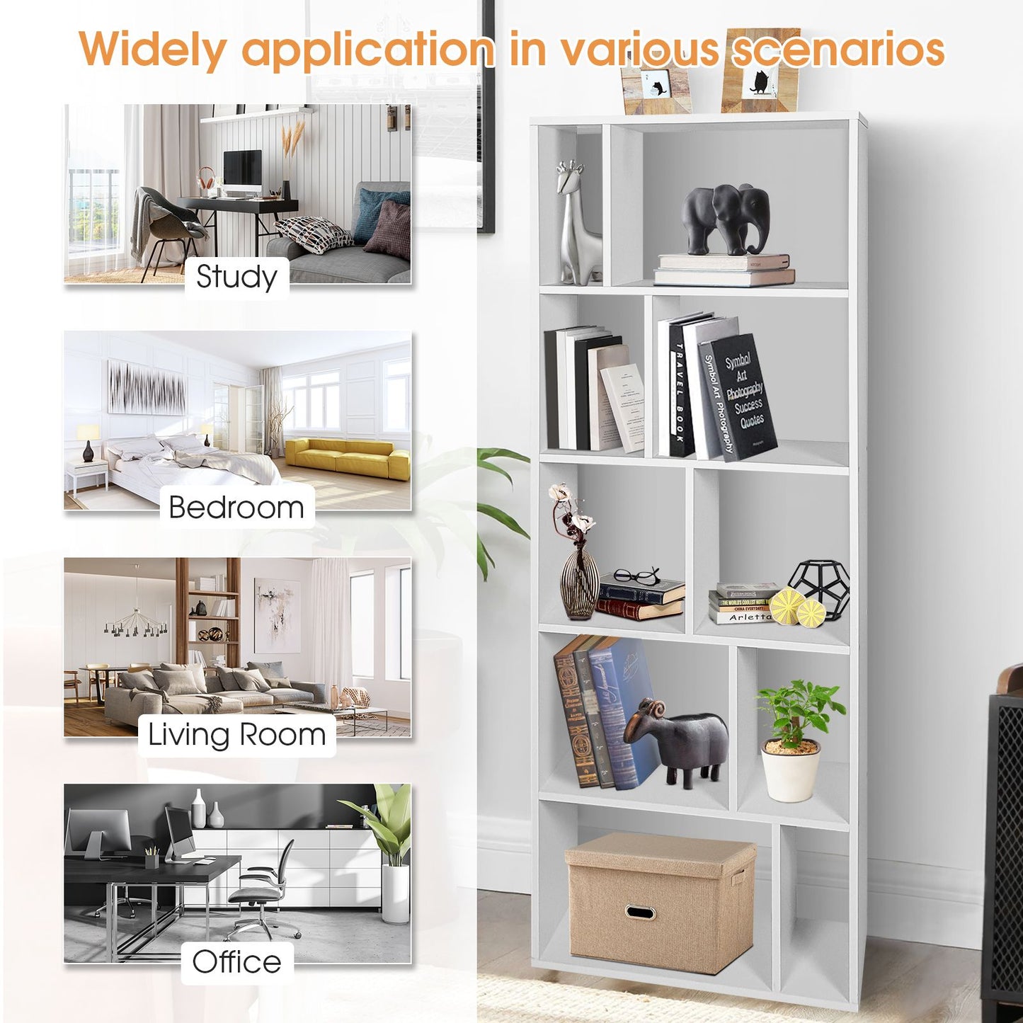 Wood Bookshelf with 10 Compartments Home Study Living Room