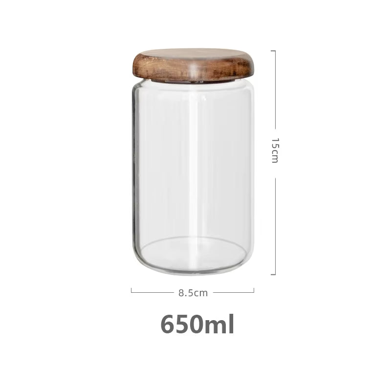 Transparent Food Storage Container Jar Acacia Wood round Tea Jar Dried Fruit Snacks Kitchen Glass Sealed Storage Jar