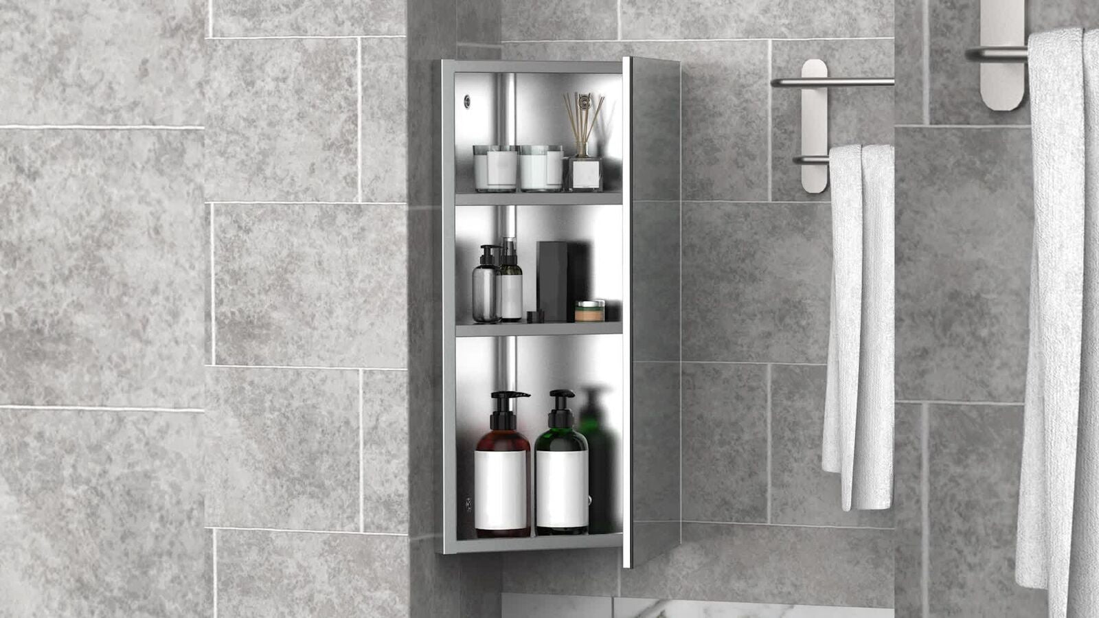 HOMCOM Bathroom Corner Wall Mirror Storage Cabinet Cupboard Stainless Steel