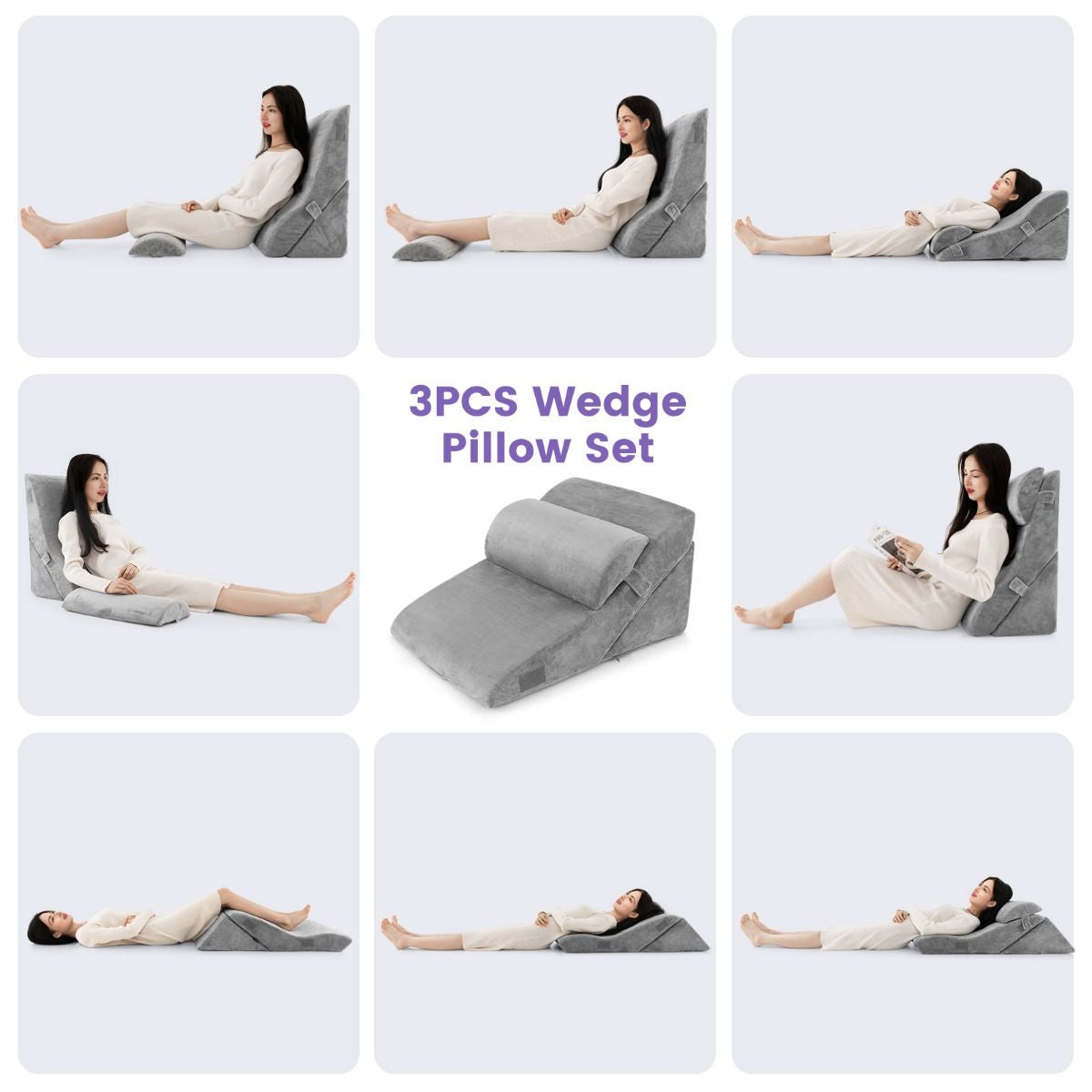 3 PCS Bed Wedge Pillow Set with Machine-Washable Cover for Snoring