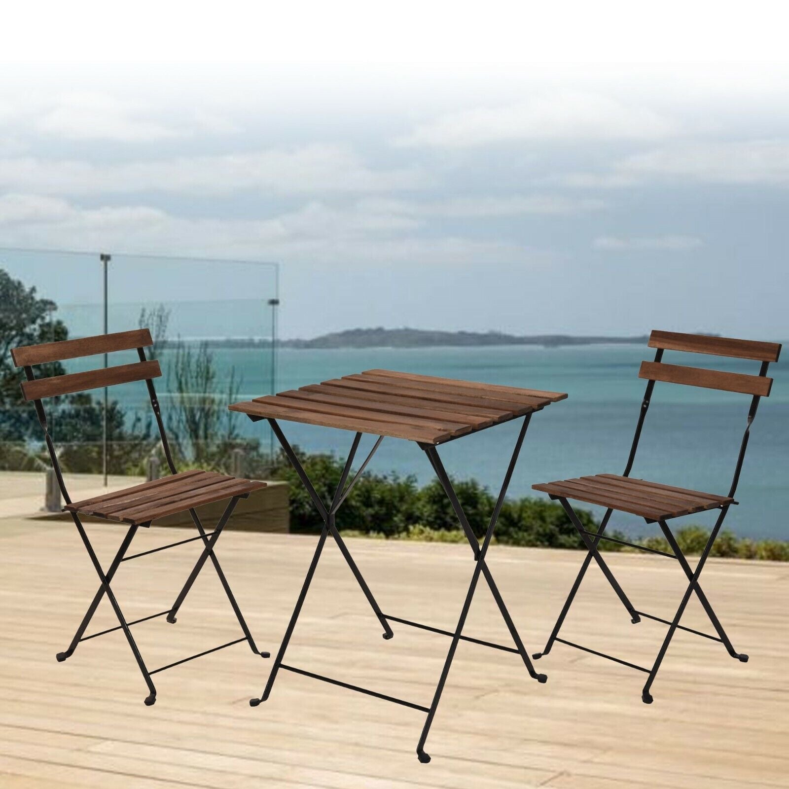 3Pcs Outdoor Garden Wooden & Metal Furniture Foldable Table & Chairs Bistro Set