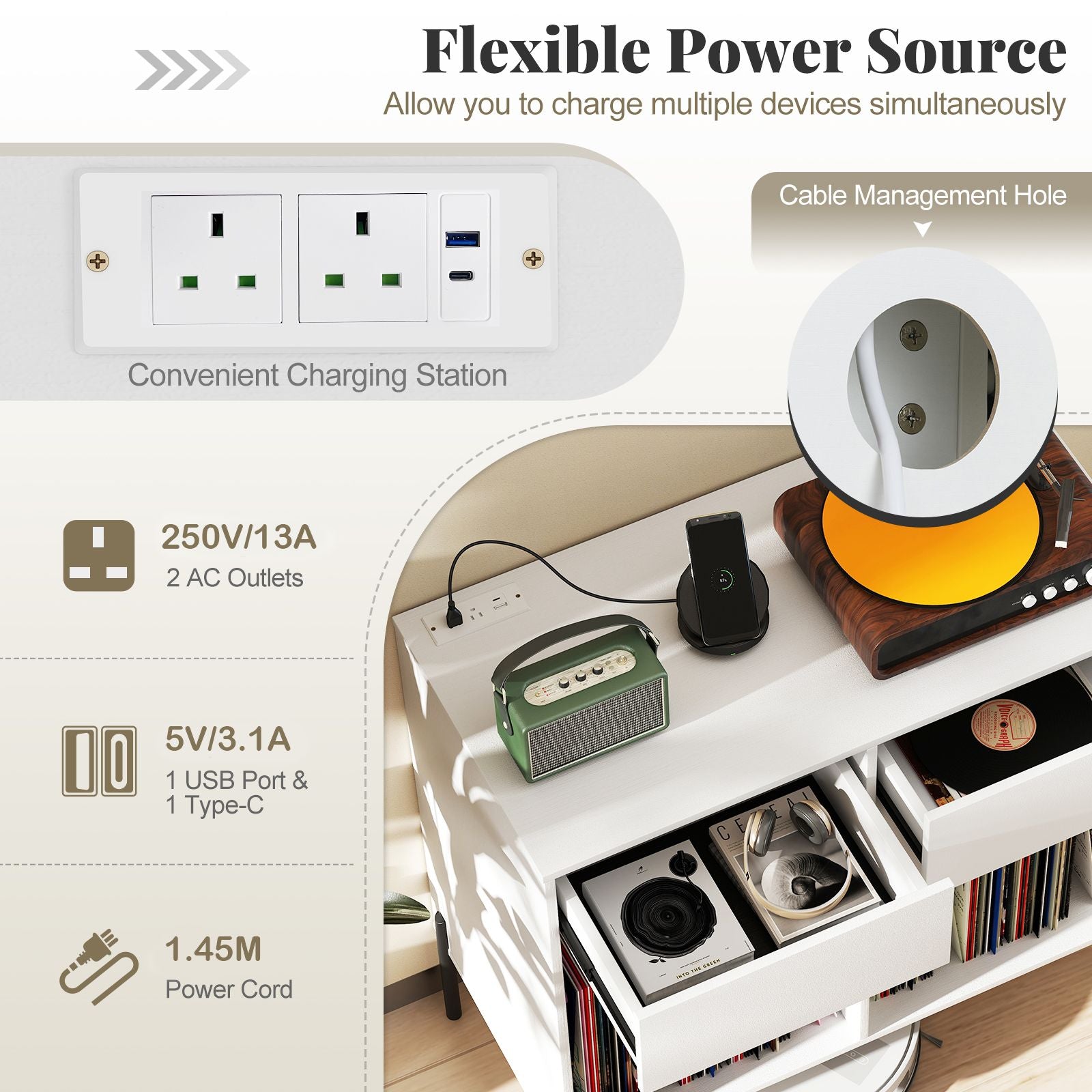 Record Player Stand with Power Outlets and Drawers for Living Room