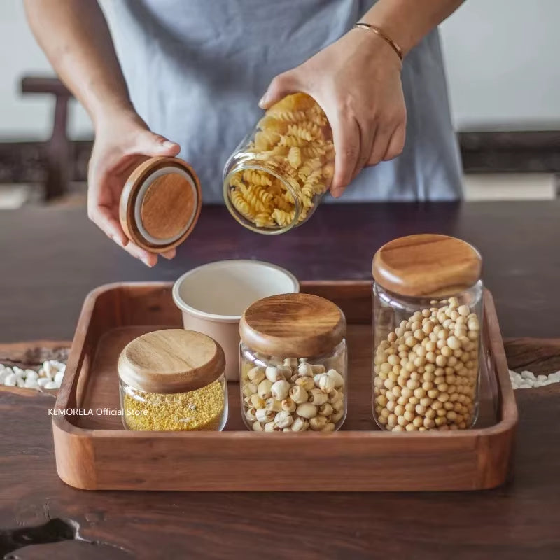 Transparent Food Storage Container Jar Acacia Wood round Tea Jar Dried Fruit Snacks Kitchen Glass Sealed Storage Jar