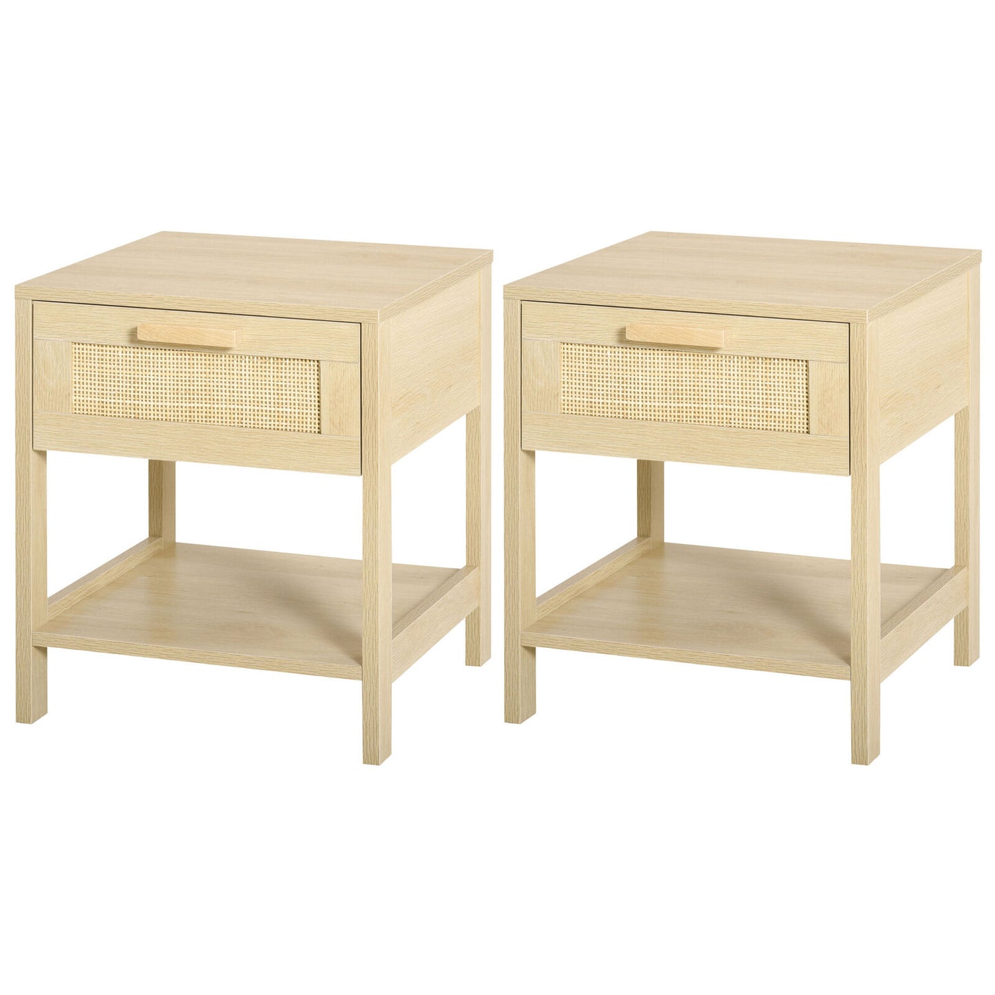 Bedside Table Nightstand W/ Rattan Drawer Storage Shelf Bedroom Living Room
