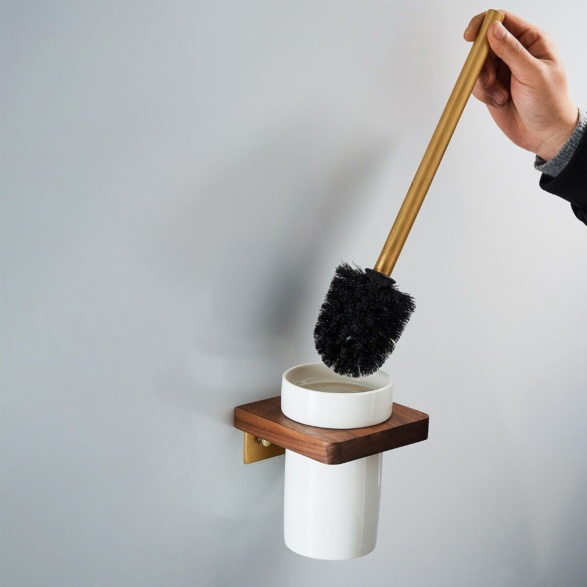 Abloh Luxury Toilet Brush, Holder and Ceramic Bowl Wooden Walnut & Gold