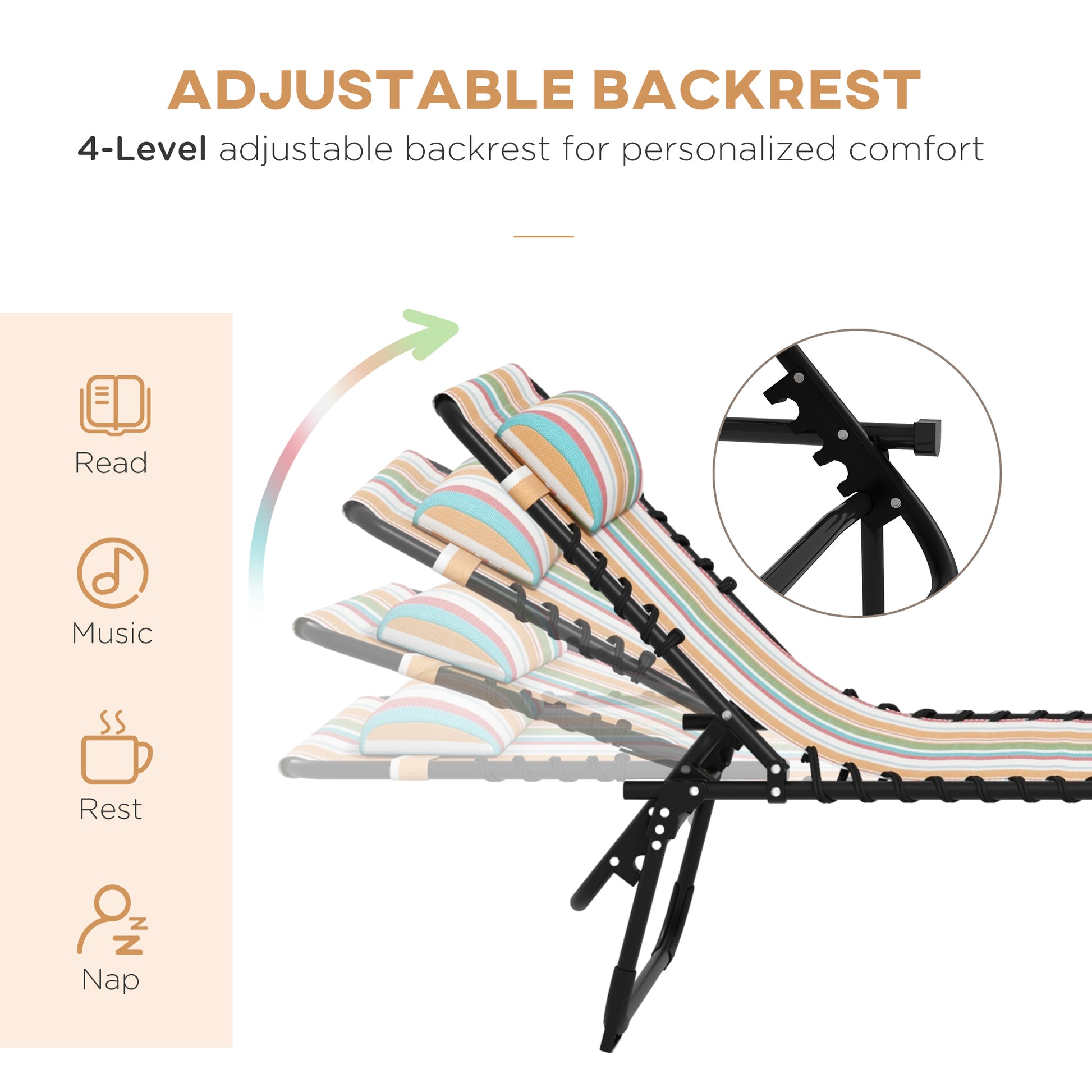 2 Pcs Beach Chaise Lounge 4 Adjustable Positions Sleeping Bed