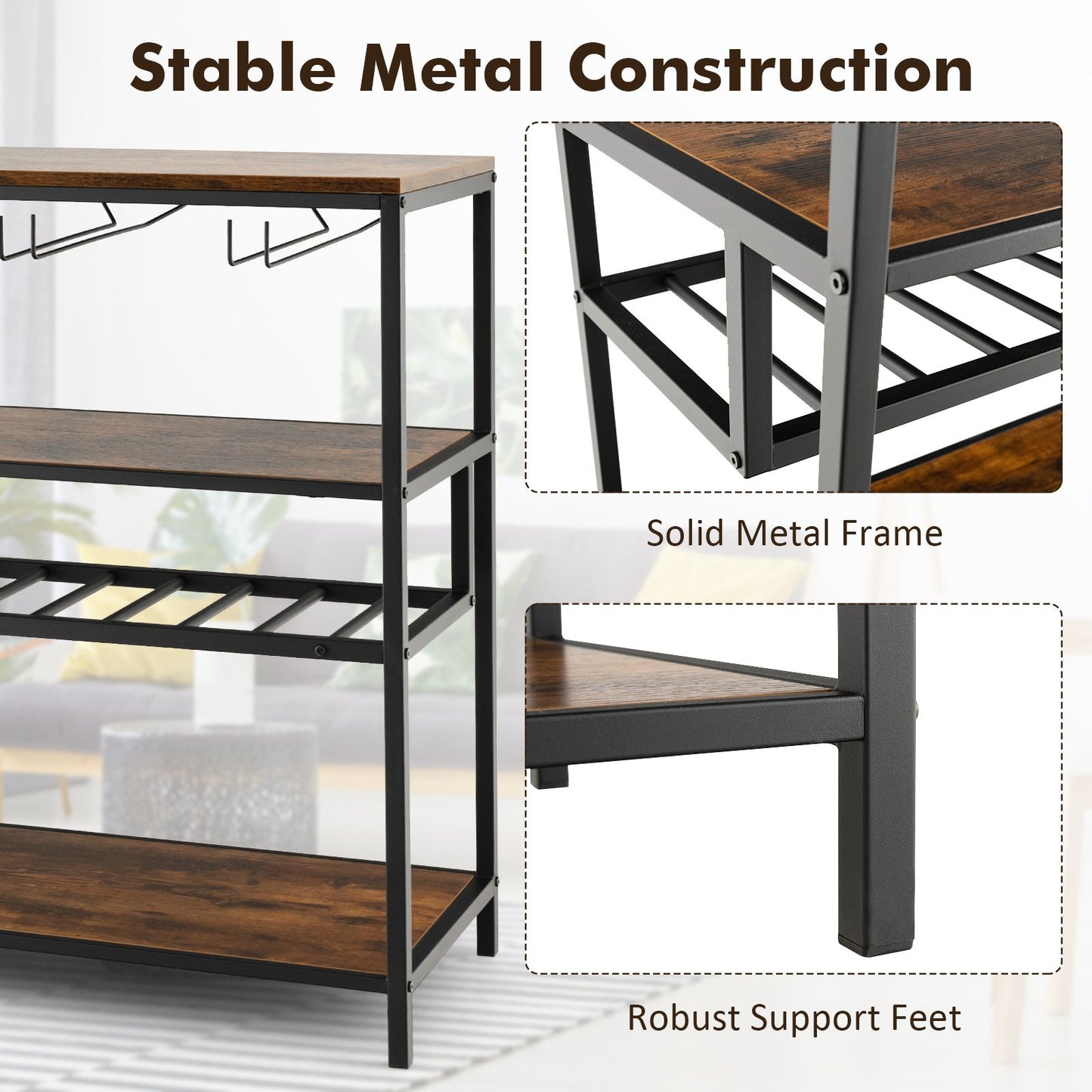 Industrial Bar Cabinet with Wine Rack & 4 Rows of Glass Holders