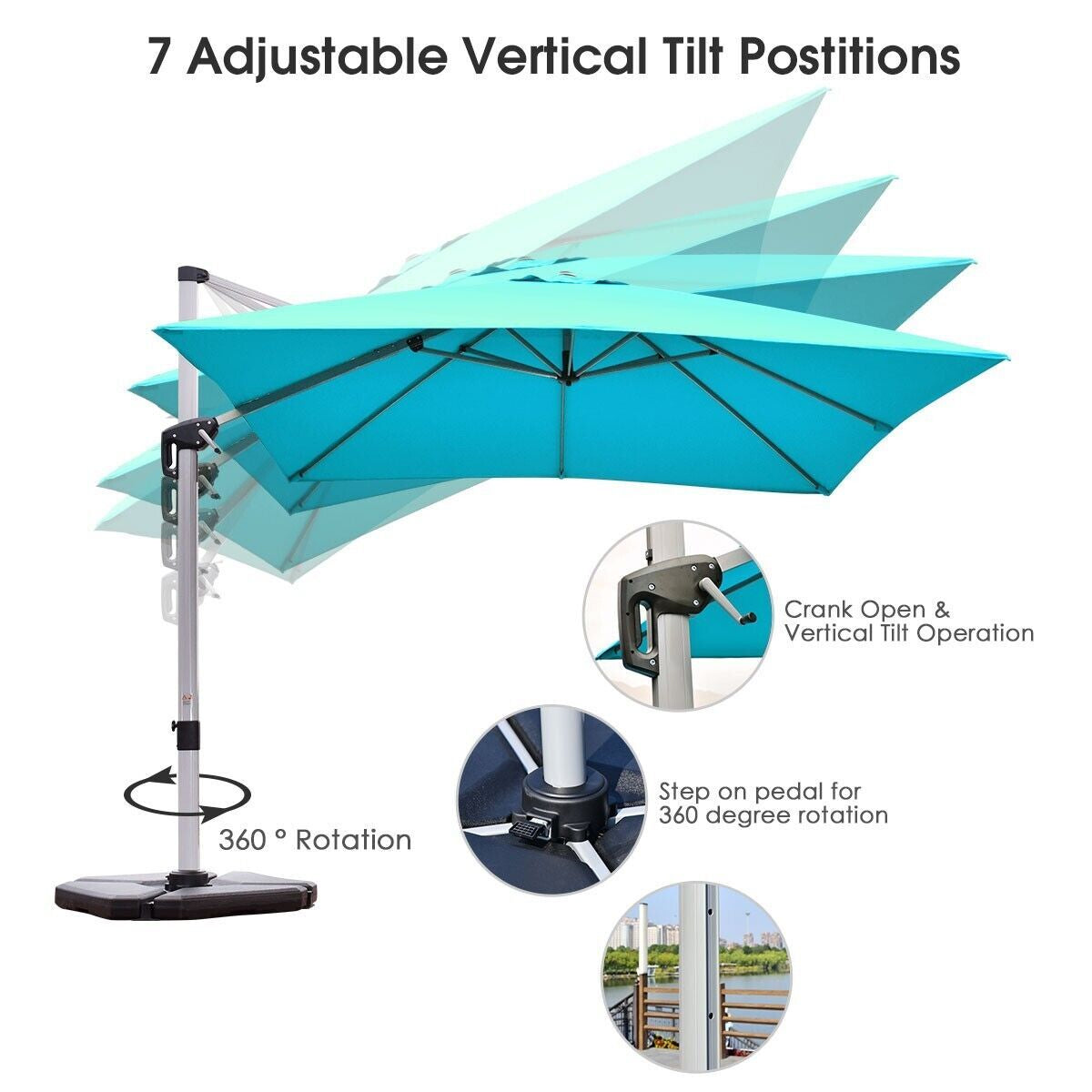 3M Cantilever Garden Parasol with Tilted Design and 360° Rotation