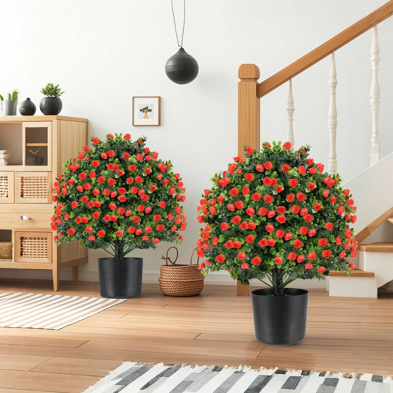 2 Pack Artificial Rose Topiary Ball Tree Faux Shrub Bushes