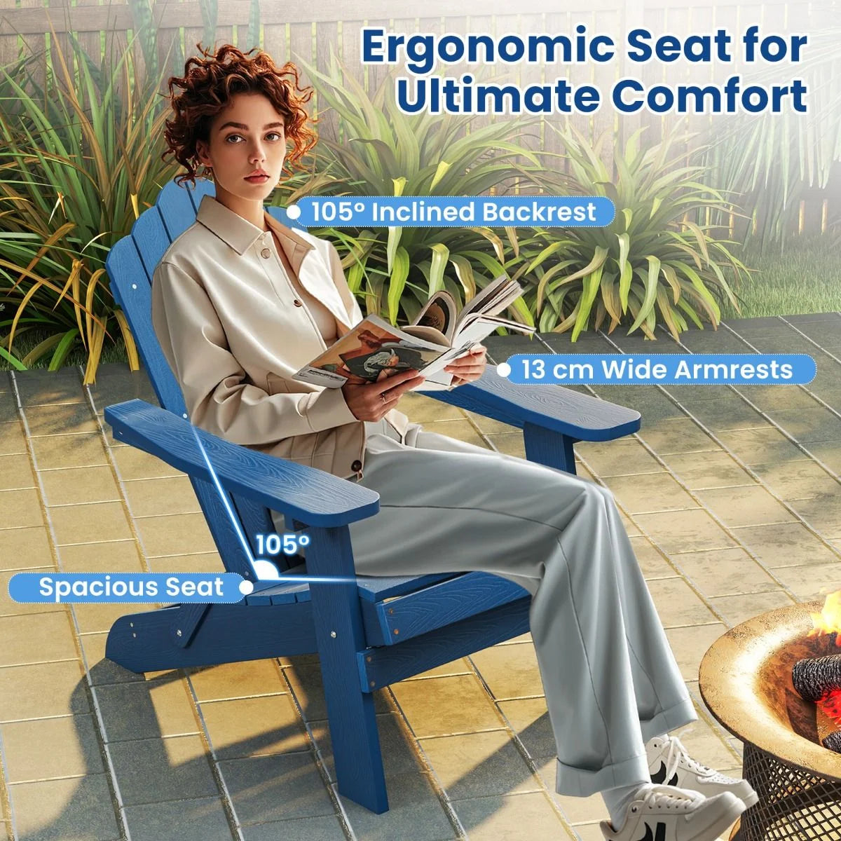 Folding Adirondack Chair with Wide Armrests and Inclined Backrest