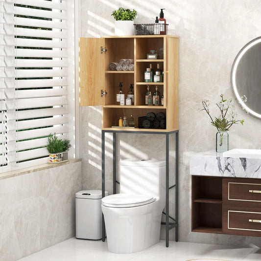 Over the Toilet Freestanding Toilet Storage Cabinet with Rattan Doors