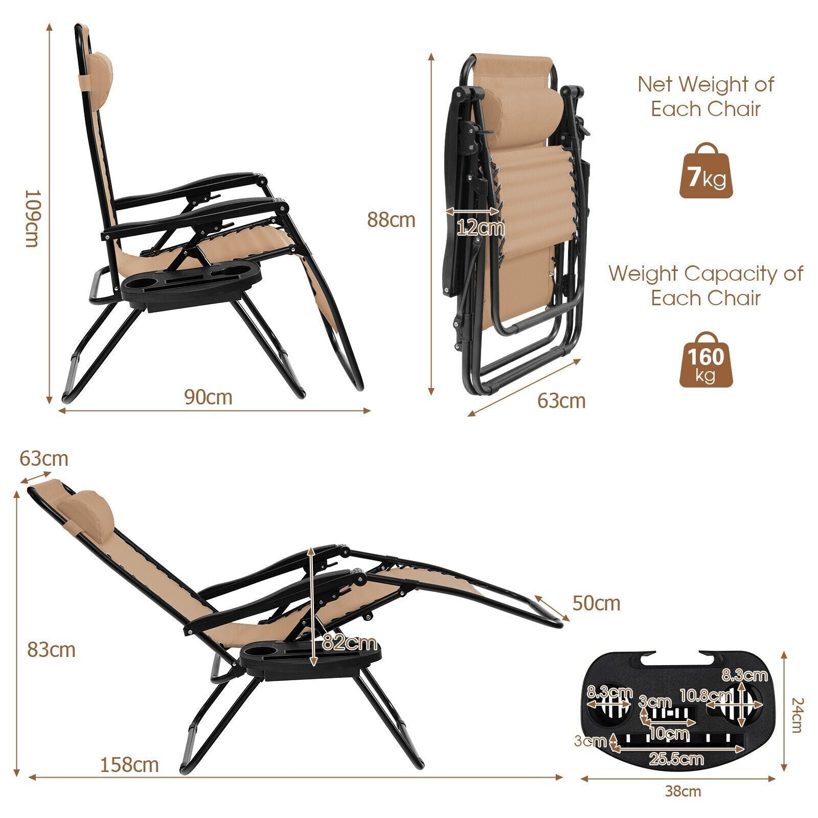 Folding Zero Gravity Chairs Outdoor Patio Recliners with Removable Headrests