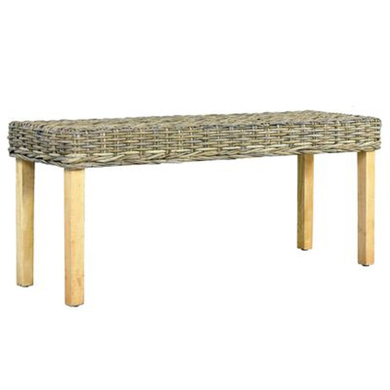 Bench 110 Cm Grey Natural Kubu Rattan and Solid Mango Wood