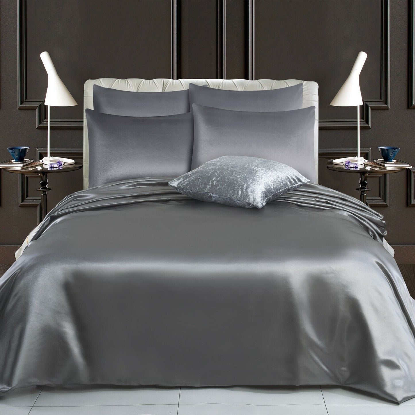ROOEE 6PCS Satin Silk Complete Bedding Set Fitted Sheet Duvet Cover Pillow Cases