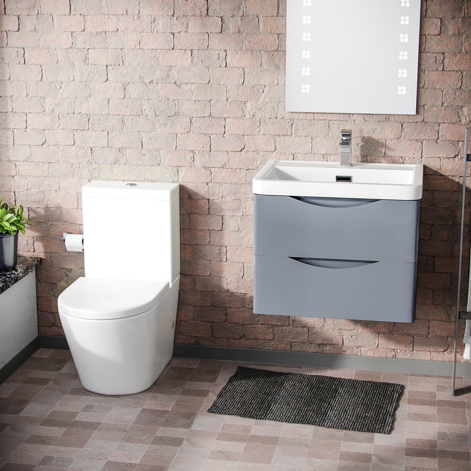 Merton Grey Basin Wall Hung Vanity Cabinet & Rimless Close Coupled Toilet