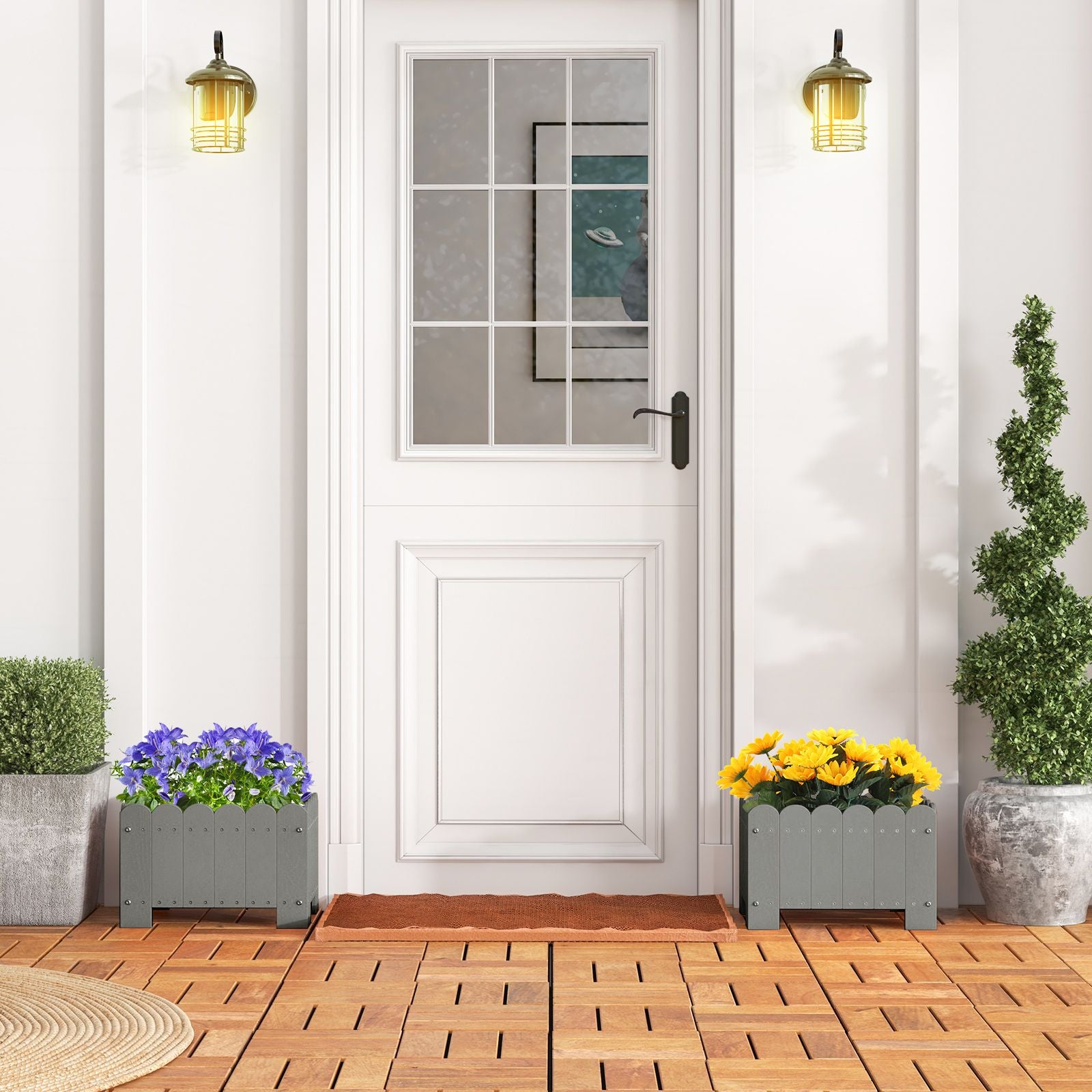 2 Pack Rectangular Planter Box HDPE Flower Pot with Drainage Gaps