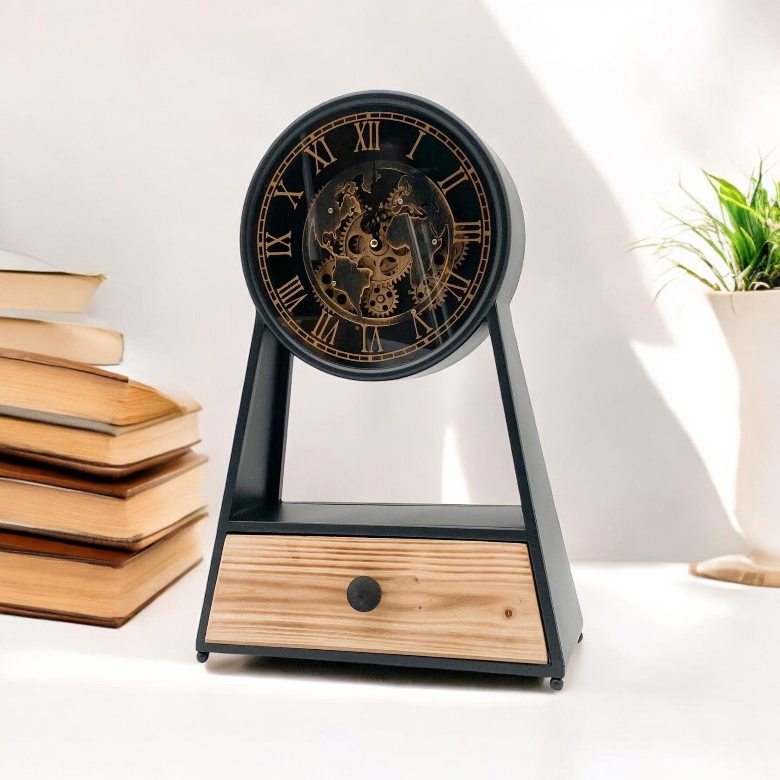 Mantel Gear Clock Moving Gears Drawer Silent Sweep Clock round Black and Gold