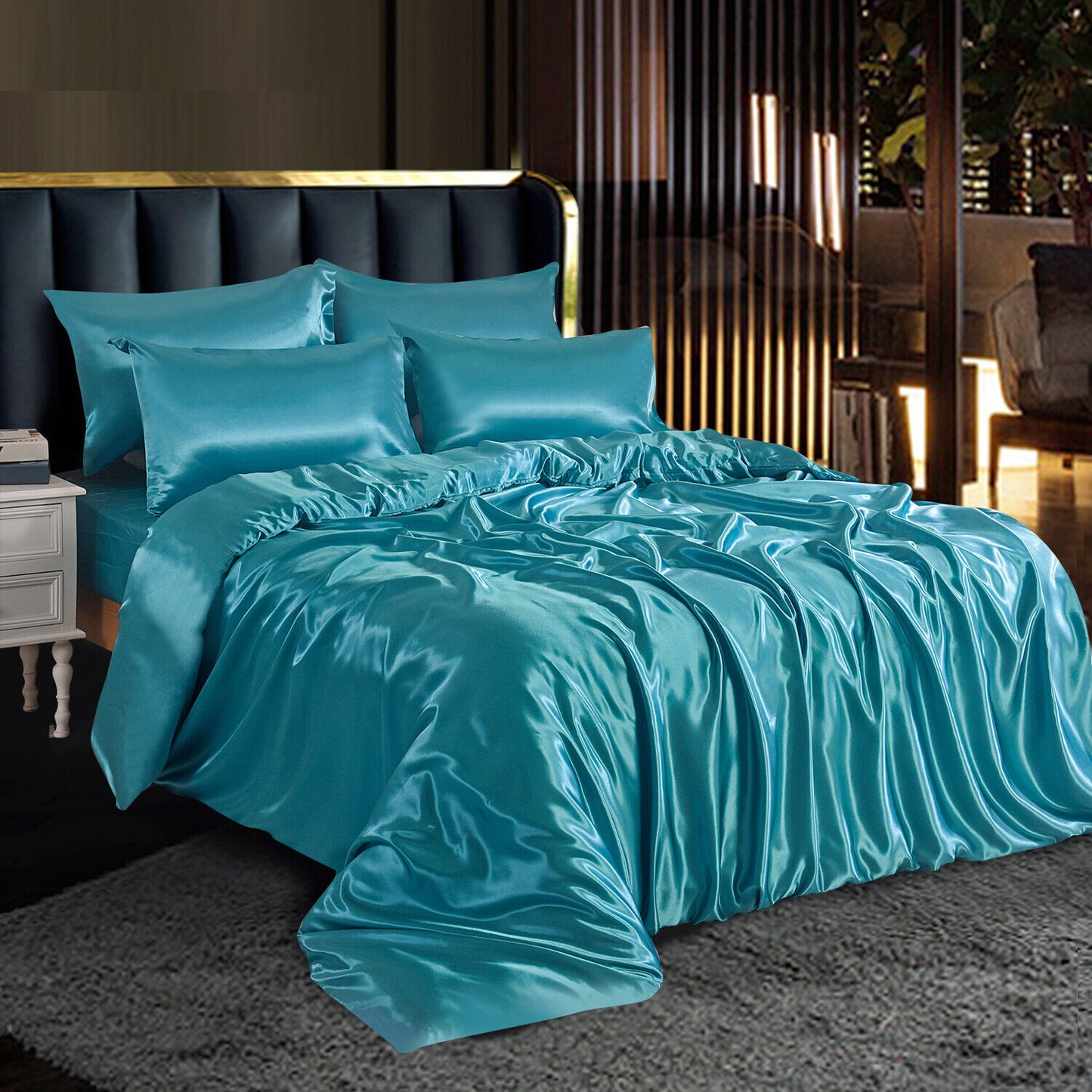 ROOEE 6PCS Satin Silk Complete Bedding Set Fitted Sheet Duvet Cover Pillow Cases
