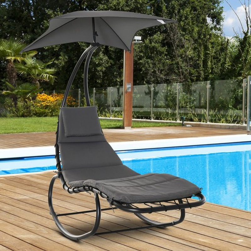 Patio Rocking Chaise Lounge Rocking Bed with Canopy Cushion Headrest Pillow