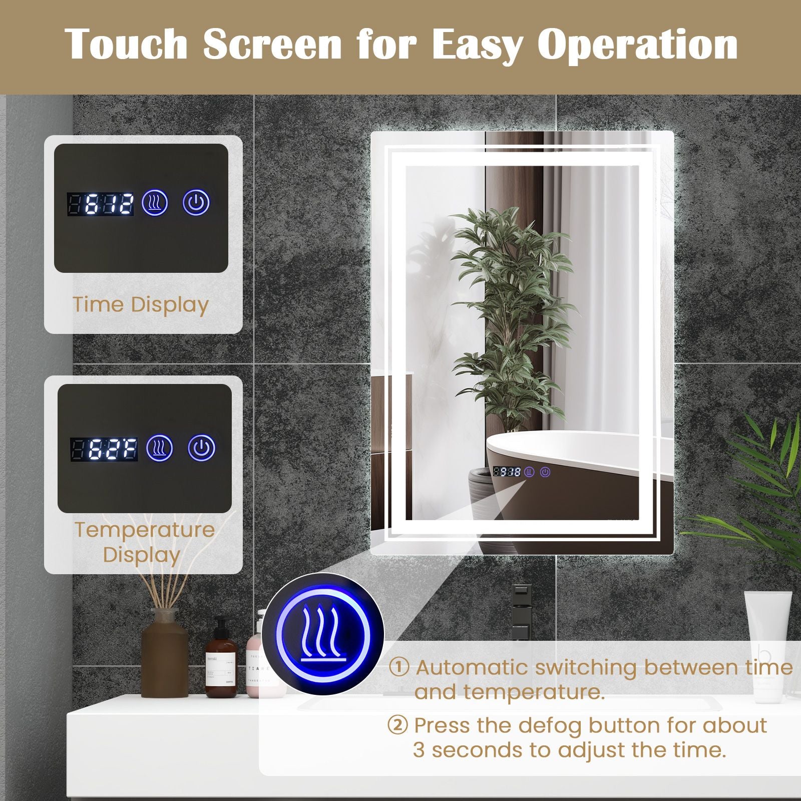 Anti-Fog Bathroom Led Vanity Mirror with 3 Colors 3000-6500K