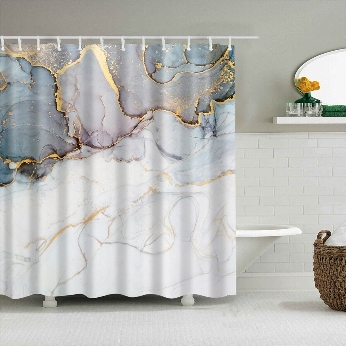 Polyester Shower Curtain 180X180Cm Marble Printed Fabric Waterproof Sheer Panel