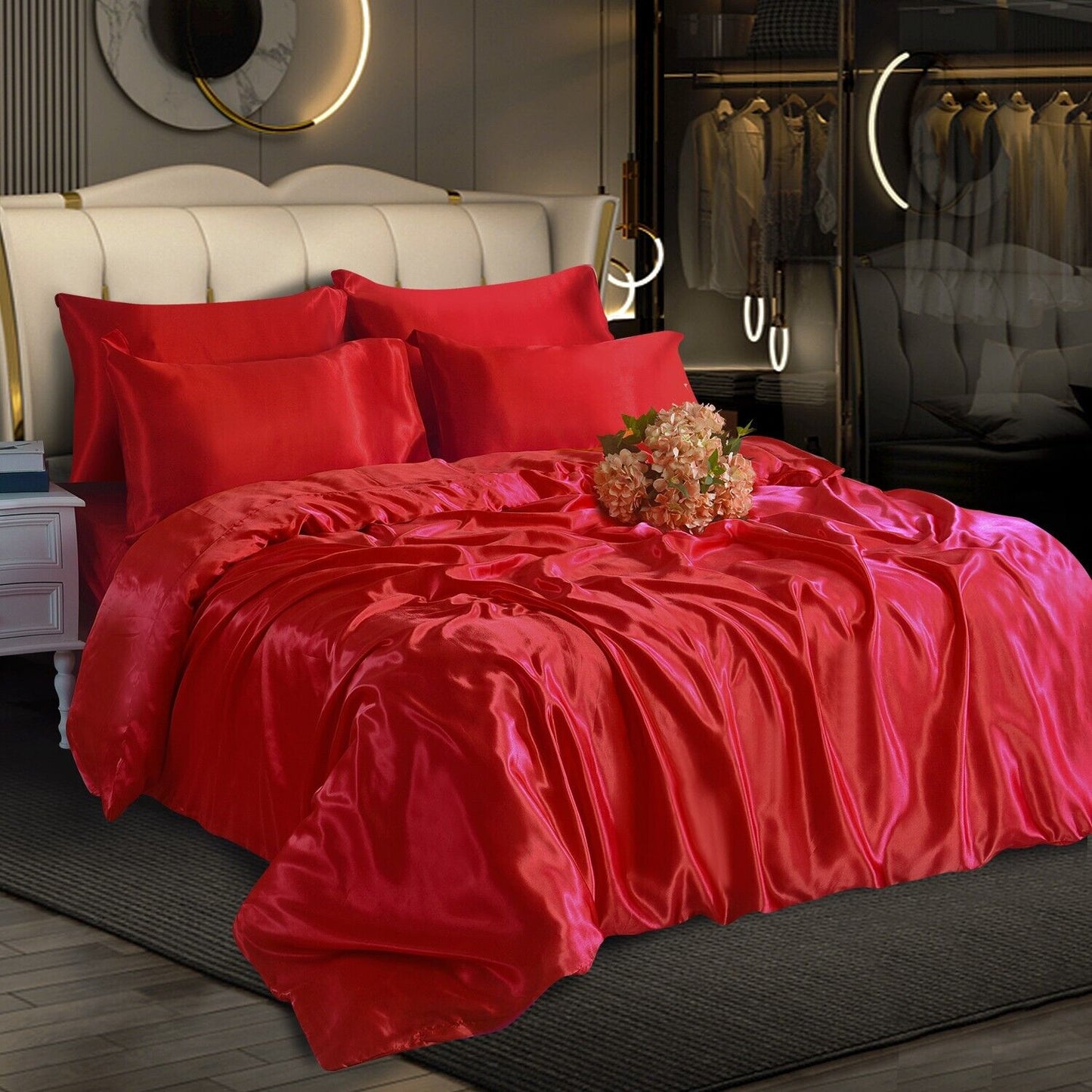ROOEE 6PCS Satin Silk Complete Bedding Set Fitted Sheet Duvet Cover Pillow Cases