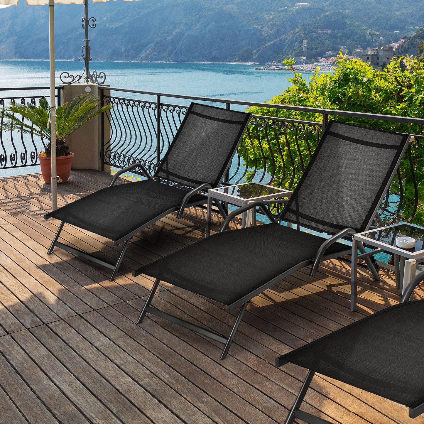 Set of 2 Outdoor Chaise Lounge Chairs with Breathable Seat