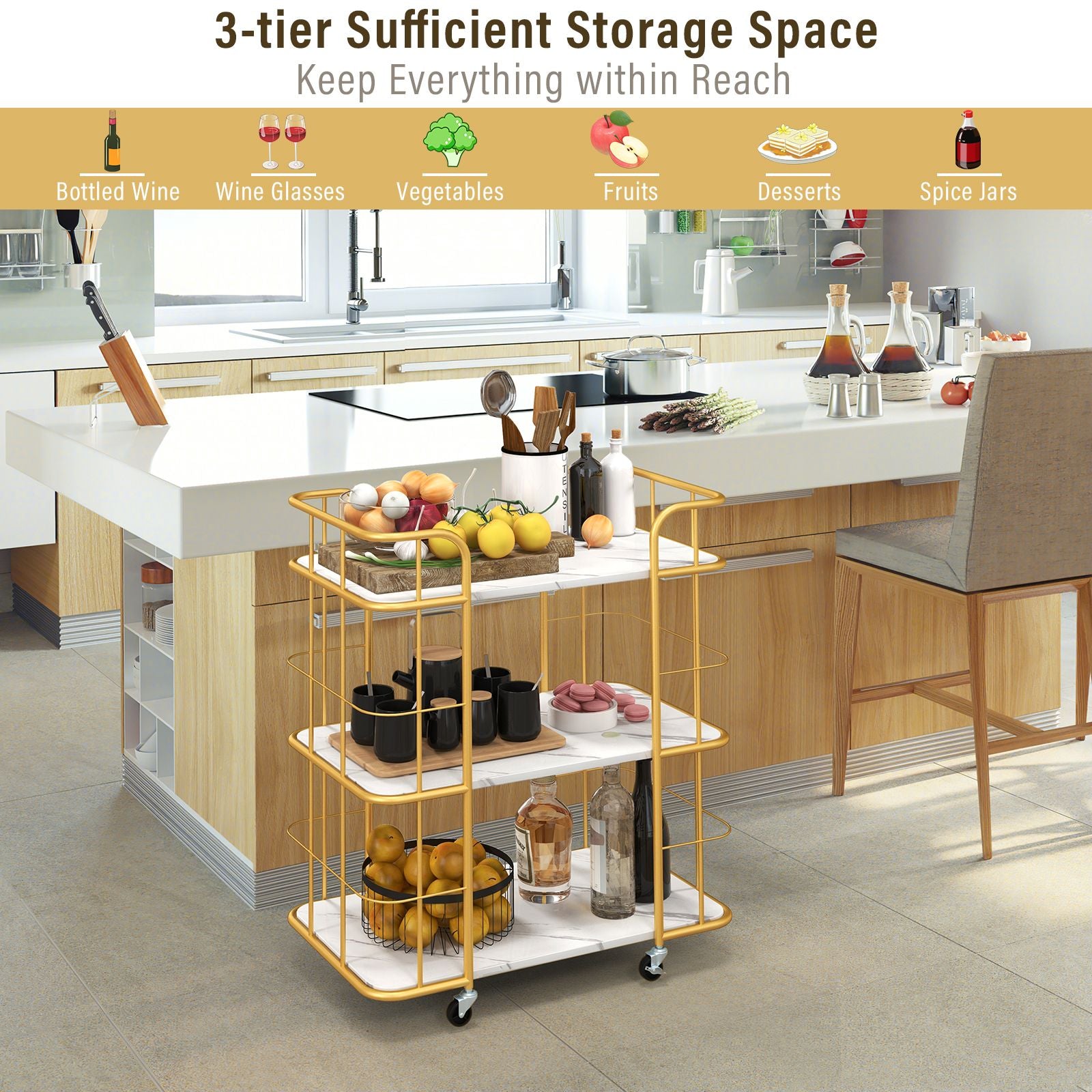 3-Tier Rolling Buffet Serving Cart with Lockable Wheels and Handles