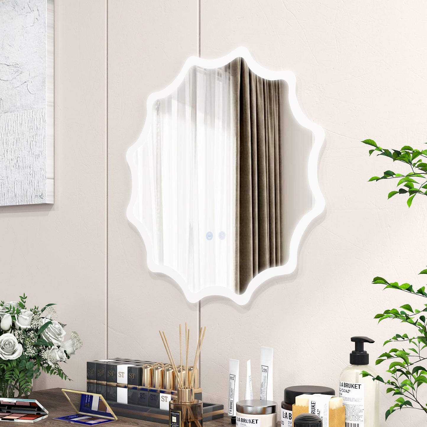 60 X 60 Cm LED Waved Edge round Wall Mirror with 3-Color Lights