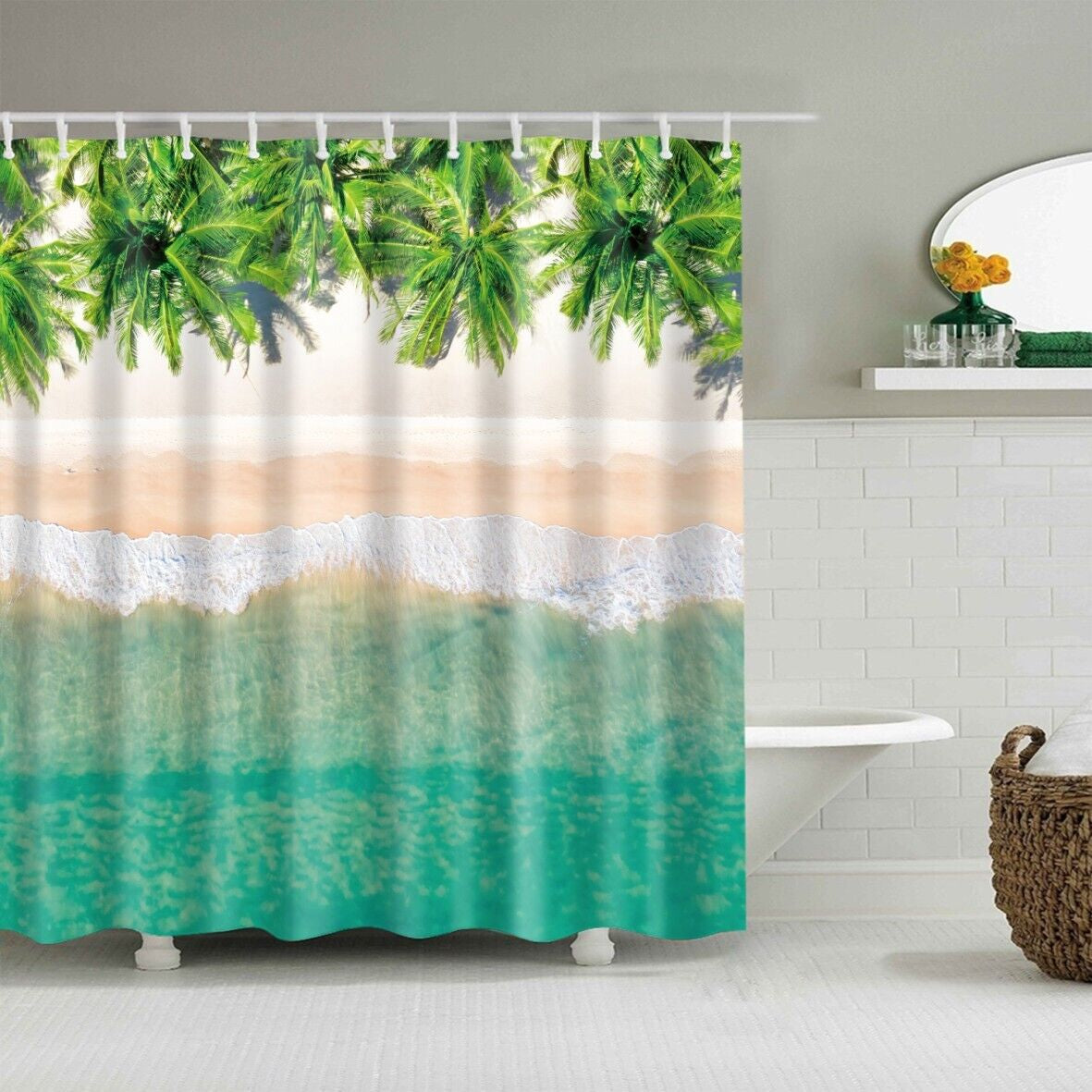 Beach Starfish Ocean Print Shower Curtain Toilet Bathroom Waterproof 12 Hooks